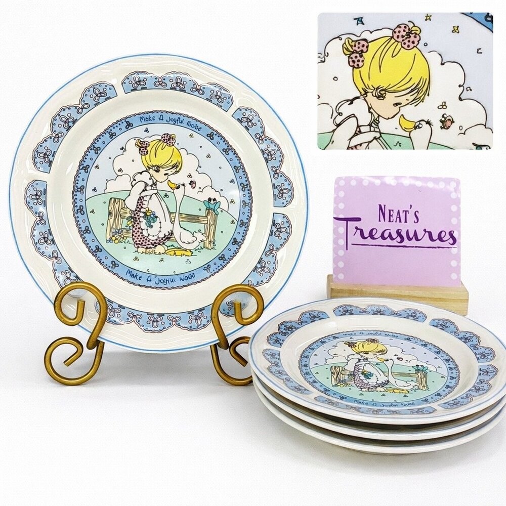 1992 Precious Moments MAKE A JOYFUL NOISE Girl Duck Ceramic Salad Plates Set 4